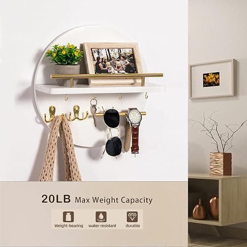 Key Holder for Wall Decorative with Shelf and Hooks, Mail Organizer Wall Mount with Sunglasses Holder, Circular Design Entryway Key Rack Hanger, Rustic Home Decor Boho Wall Decor (White) thumbnail 4