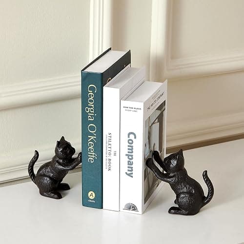 Denique Cat Decorative Bookends, Cute Book Ends to Hold Books, Bookends for Shelves, Unique Cast Iron Book Stopper for Heavy Books, Cat Office Decor, 1 Pair/2 PCS thumbnail 4