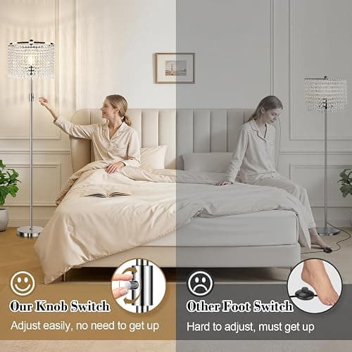 Yemela 【Upgraded】 Dimmable Crystal Floor Lamps for Living Room, 1000LM LED Bulb Included, Standing Lamp with Knob Switch, Tall Silver Modern Floor Lamp for Bedroom Nursery Office Reading thumbnail 7