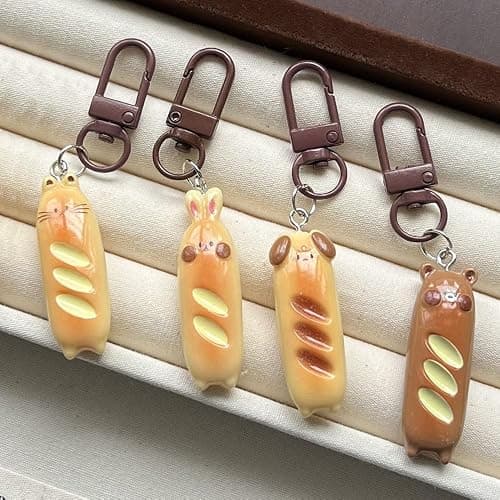 4Pcs French Bread Cute Keychain Key Rings for Backpack Purse - Cat, Rabbit, Dog, Bear Resin Creative Pendant Charms - Kawaii Accessories for Women thumbnail 7
