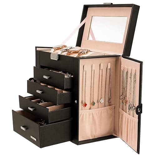 Homde Synthetic Leather Huge Jewelry Box Mirrored Watch Organizer Necklace Ring Earring Storage Lockable Gift Case (Black) - Image 1