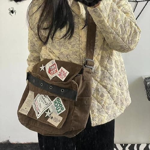Canvas Messenger Bag for Women Vintage Crossbody Bag Star Patch Grunge Shoulder Bag thumbnail 2