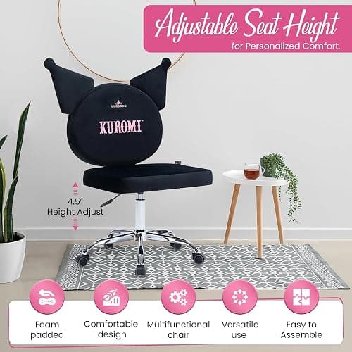Impressions Vanity Kuromi Armless Swivel Cute Desk Chair for Bedroom, Velvet Makeup Vanity Chair with Back, Rolling Wheels Silver Metallic Base and Adjustable Height (Black) thumbnail 5