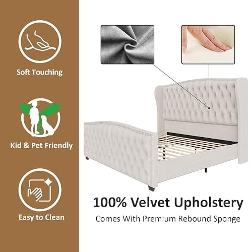 AMERLIFE Queen Size Platform Bed Frame, Velvet Upholstered Bed with Deep Button Tufted & Nailhead Trim Wingback Headboard/No Box Spring Needed/Cream thumbnail 7