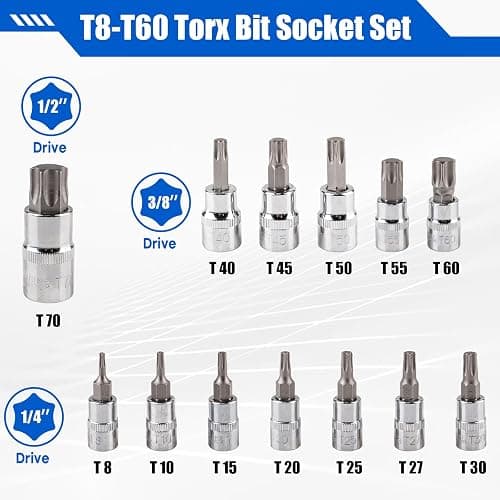 Gickbusus 13-piece Torx Socket Set, T8-T60 Star Bits Kit with 1/4", 3/8", 1/2" Drive, S2 Steel & CR-V Construction, Built for Automotive, Furniture & Equipment Repair thumbnail 3
