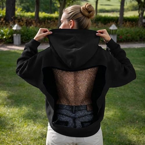Womens Backless Mesh Hoodie Oversized Hollow Casual Long Sleeve Y2K Sweatshirt Streetwear Trendy Casual Loose Long Sleeve Crewneck Pullover Comfy Fall Cloth Ladies thumbnail 2