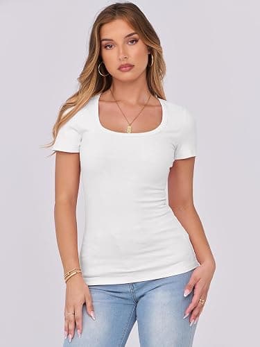 ANRABESS Women Short Sleeve Tops Scoop Neck Ribbed Knit Slim Fitted Basic Tee Shirts Casual Summer Clothes 2025 Fall Outfits thumbnail 3