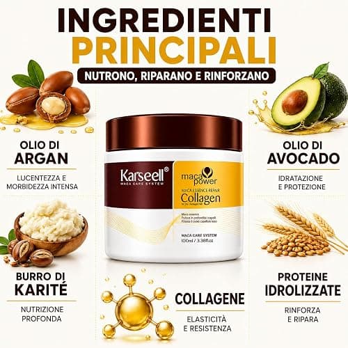 Karseell MACA CARE SYSTEM Maschera Capelli Professionale Collagene Argan Cocco Karité Nutriente Idratante Riparatrice Anticrespo Capelli Secchi Danneggiati Crespi Senza Solfati Formato Viaggio 100ml thumbnail 2