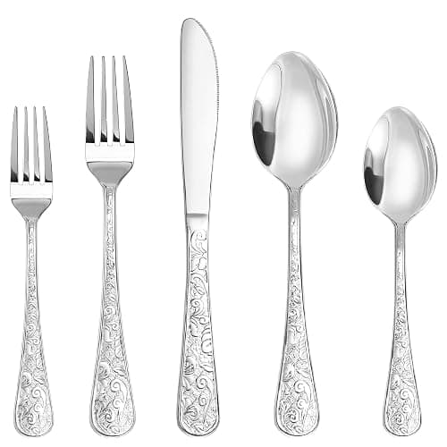 Runfly Vintage Carved Stainless Steel 20 Pieces Flatware Set, Silverware Set, Modern Embossed Cutlery Set Utensils Including Fork Spoon and Knife - Image 1
