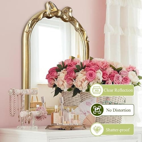 iyabat 36x24 Arched Gold Bow Wall Mirror, Vintage Vanity Mirror for Bathroom & Bedroom Decor, Antique French Style Engineered Wood Frame with Ribbon Knot, Cute Coquette Aesthetic thumbnail 5