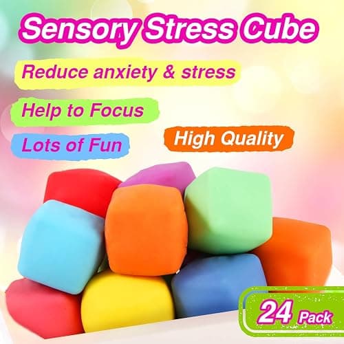 24 Pack Slow Rising Stress Cube , Dough Stress Balls Soft Fidget Squishy Toys for Anxiety Relief, Pull Stretch Classroom Prize Party Favors Toys for Kids thumbnail 3