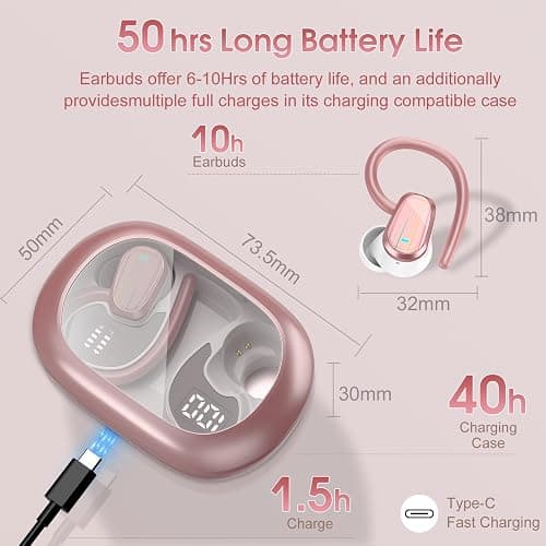 Wireless Earbuds, 50H Bluetooth 5.4 Headphones Sport, Bluetooth Earbuds with ENC Noise Canceling, HiFi Stereo Sound Wireless Earphones with Earhooks, IP7 Waterproof Ear Buds, Rose thumbnail 2