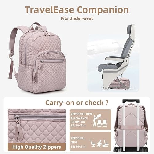 RosaRubus Backpack for Women,College Backpack,Quilted Casual Daypack,Waterproof Bookbag for 15.6Inch Laptop (Dust Pink) thumbnail 7