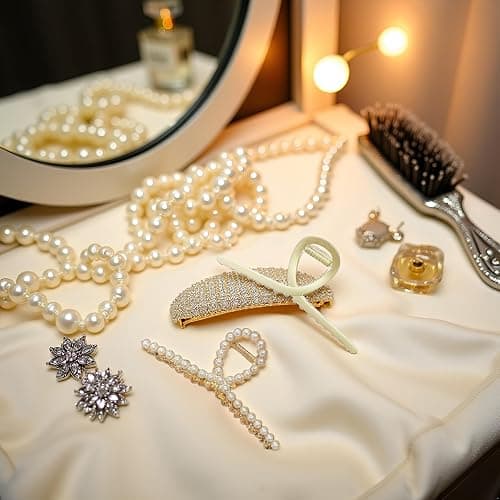 2 Pack Matte Gold and Pearl Hair Claws for Women: Large Metal Clips with Pearls for Thick Hair - Non-Slip Crab Claws and Strong Cross Barrettes thumbnail 5