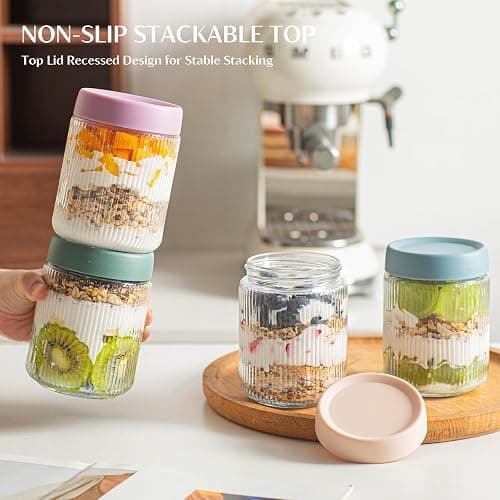 INSETLAN 16oz Glass Overnight Oats Containers with Lids, 6-Pack Mason Jars | Ribbed Glass Mason Jars for Meal Prep, Food Storage Containers for Chia Pudding, Yogurt, Snacks, Fruit & Vegetables, Milk thumbnail 9
