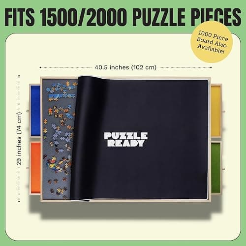 Puzzle Ready Puzzle Board with Drawers & Cover Mat - 1500-Piece Wooden Jigsaw Table - 37" X 28" Portable Board with Lazy Susan for Puzzlers - Colorful Puzzle Table Trays for Sorting - 1500 Pieces thumbnail 2