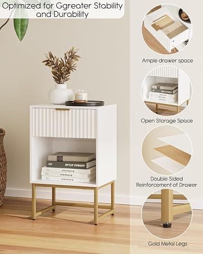 Masupu Fluted Nightstand,Modern Night Stand Wood Bedside Table with Storage Drawer Side End Table for Bedroom,Living Room,Office,White thumbnail 8