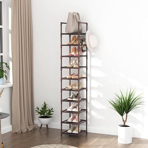 LANTEFUL Tall Shoe Rack 10-Tier Narrow Shoe Shelf Storage for 10-15 Pairs Shoe and Boot, Sturdy Shoe Storage Space Saving Corner Shoe Rack Organizer for Closet, Entryway, Living Room, Brown thumbnail 7