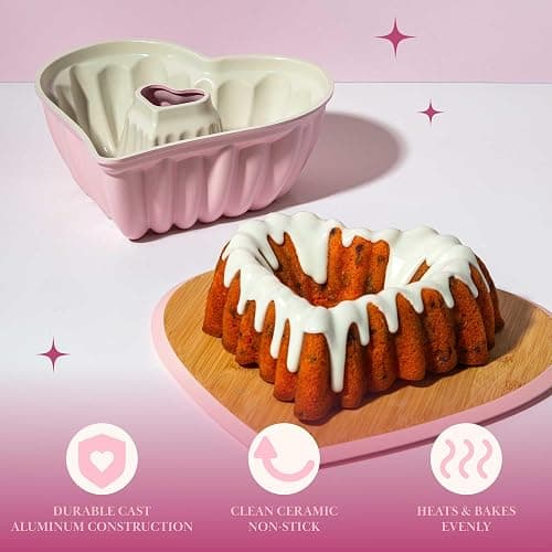 Paris Hilton Heart Shaped Fluted Cake Pan, Cast Aluminum with Clean Ceramic Nonstick Bakeware, Dishwasher Safe, Made without PFAS, PFOA, PFOS & PFTE, 9-Inch, Pink thumbnail 8