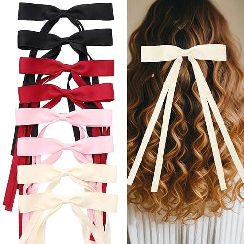 Hair Bows for Women,Ribbon Hair Bows With Long Tail,Hair bow clips Hair Barrettes for Women Accessories (Black, Beige, Pink, Red) - Image 1