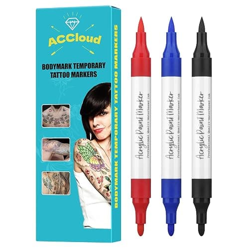 Temporary Tattoo Markers for Skin Paint Pens Kit, 3 Body Markers+ 63 Tattoo Stencils Kit, Flexible Brush Tip, Skin Safe for Art Projects, Drawing (3 Colors-A) - 3 Colors-A thumbnail 5