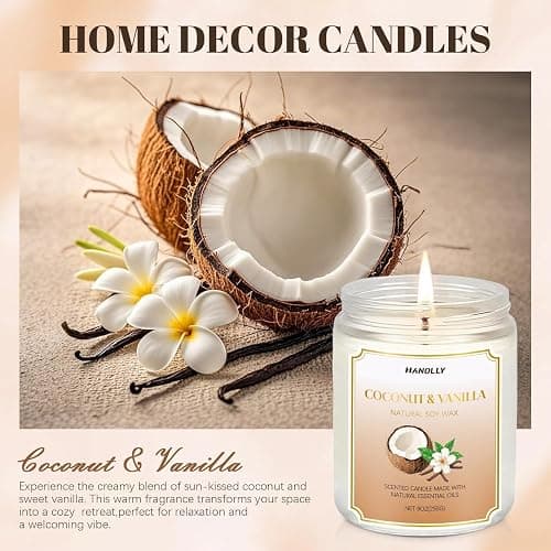 HANOLLY Candele Profumate Cocco & Vaniglia, Candela di Soia Naturali Aromaterapia Rilassante, Candela Profumata Lunga Durata per Yoga e Bagno, Regalo Donna Compleanno Perfetto, Fino a 50 Ore, 255g thumbnail 2