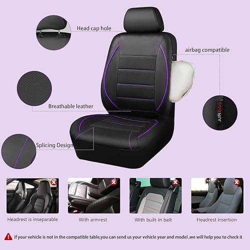 CAR PASS Piping PU Leather Car Seat Cover,Inside Zipper Design and Reserved Opening Holes Airbag Compatible,Universal FIT for Car, SUVs,Van,Trucks,Full Set, Black & Purple thumbnail 3