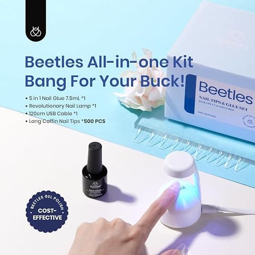 Beetles Gel Nail Kit Easy Nail Extension Set with 500Pcs Nail Tips Coffin Shape 5 In 1 Nail Glue Base Gel and Innovative Led Lamp Easy Diy Nails Art Home Gelly Tips thumbnail 2