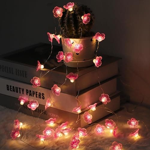 Auting Ghirlanda Luminosa a LED con Fiori di ciliegio, 4 m, 40 LED, Ghirlanda di Fiori a Batteria, con Funzione di temporizzazione, luci Rosa con ghir - Image 1