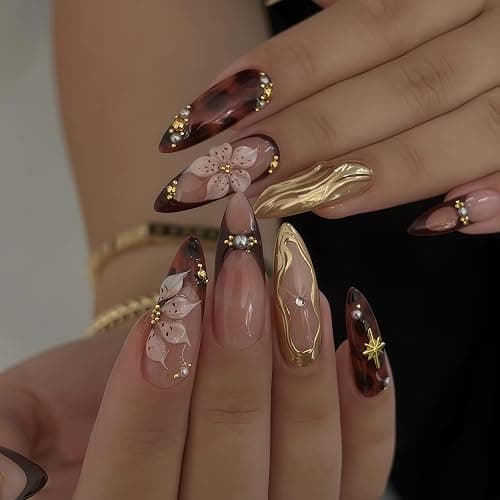 24Pcs Almond Press on Nails Medium Fake Nails with Brown Flower Designs French Nails 3D Gold Texture False Nails Star Press ons Pearl Jewelry Acrylic Nail Cute Stick on Nail for Women Manicure thumbnail 2