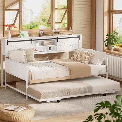 Homieasy Daybed with Trundle, Farmhouse Twin Day Bed with Bookcase Headboard and Charging Station, Heavy Duty Metal Sofa Bed Frame with Pop-up Trundle Bed for Living Room, Bedroom, White thumbnail 3
