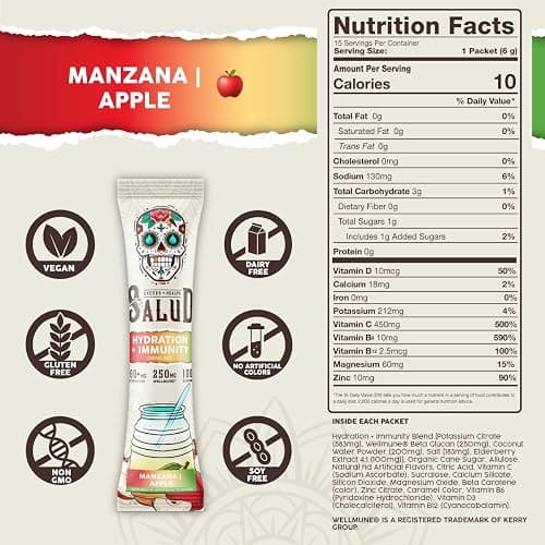 Salud 2-in-1 Hydration Packets + Immunity Electrolytes Powder, Apple - Agua Fresca Drink Mix, Elderberry, Dairy & Soy Free, Non-GMO, Gluten Free, Vegan, Low Calorie, 1g Sugar (15 Servings) thumbnail 3