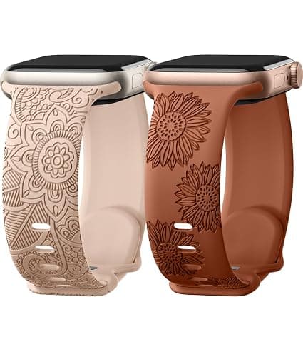 2PC Cute Floral Engraved Band Compatible with Apple Watch Bands Women | Soft Silicone Sport Strap for iWatch Bands 42mm 40mm 38mm 41mm 44mm 45mm 46mm 49mm Series 11 10 9 8 7 6 5 4-1 SE Ultra 1/2/3 - Image 1