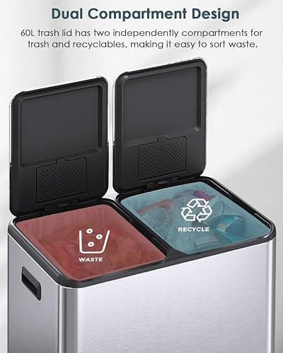 Arlopu 16Gal Dual Trash Can w/2 Built-in Box for Odor Control, Hands-Free Kitchen Garbage Bin, Recycle Waste Dustbin, Soft-Close Lid, 2 Buckets,Foot Pedal, Side Handle, Airtight,for Home Office thumbnail 5