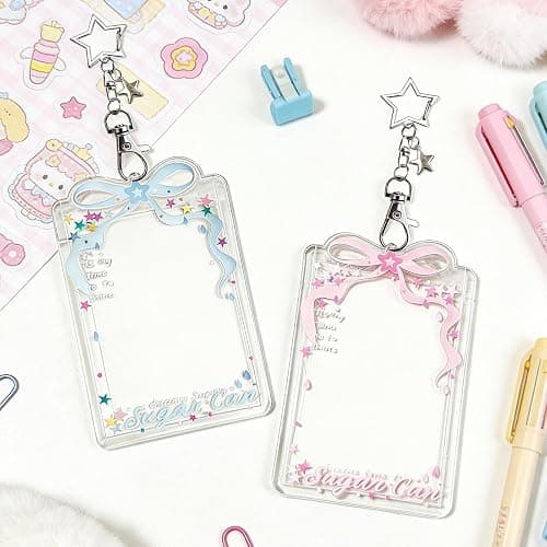 AGLOO Transparent Photocard Holder Keychain(Set of 2)–Kpop Photo Card Holder with Bow & Star,Acrylic Photocard Sleeves for Idol Photos,Student/Bus/Metro Cards & ID Badge thumbnail 5