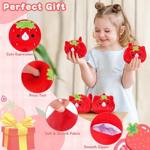 5 PCS Strawberry Cat Plush Stuffed Animal Family-19" Soft Strawberry Cat Plush, Large Mommy Plushies with 4 Baby Kittens Plushies, Kawaii Plushie Toy Christmas Birthday Gifts for Kids Boys thumbnail 8