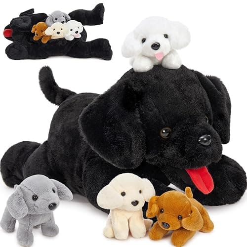 MorisMos Mommy Dog Stuffed Animal with Babies Inside, 21" Dog Plush Toy Set Black Labrador Stuffed Animal with 4 Baby Puppies, Interactive Stuffed Dog Plush for Kids Girls Boys Birthday - Image 1