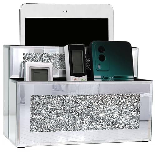 GOTHICO Mirrored Remote Holder, Wall or Tabletop Mounted Crush Diamond Bling Decoration Organizer Storage Caddy for Remote Phone Pad Notebook Makeup Brush,4 Slots in 3 Sizes,9.1"×6.1"×4.8" - Image 1