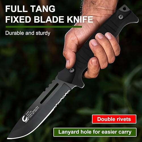 CuCut Full Tang Fixed Blade Knife with Sheath - 4-inch Carbon Steel Blade, Black Non-Stick Finish with Serrated Edge, PP Handle Camping Knife for Outdoor, Survival, Hiking thumbnail 6