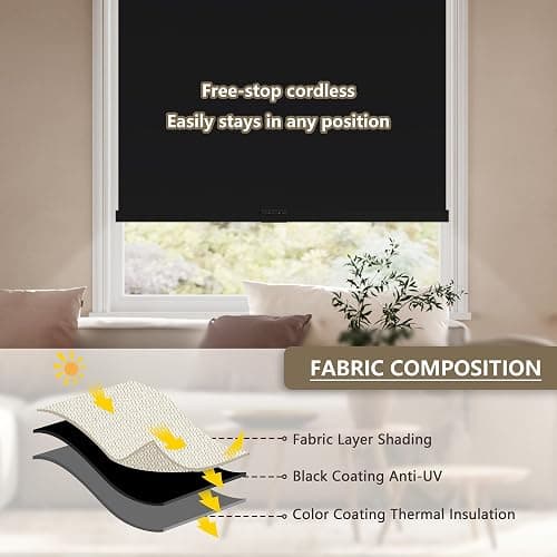 SUNOFF Cordless Blackout Roller Shades Blinds for Windows Free-Stop,Pull Down Room Darkening with Valance,Thermal Insulated Woven Fabric Window Door Blinds for Home,Office,Black 20" W x 72" H thumbnail 5