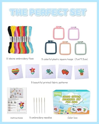 Pllieay 5PCS Cross Stitch Kits for Kids 7-13, Includes 5 Project Patterned and 5pcs Square Embroidery Hoops, 11 Skeins, Needle Point Starter Kit Sewing Set with Instructions thumbnail 2