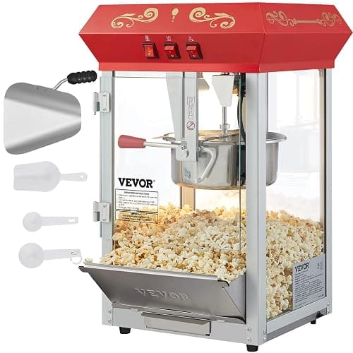 VEVOR Commercial Popcorn Machine, 8 Oz Kettle, 850 W Countertop Popcorn Maker for 48 Cups per Batch, Theater Style Popper with 3-Switch Control Steel Frame Tempered Glass Doors 2 Scoops 2 Spoons, Red - Image 1