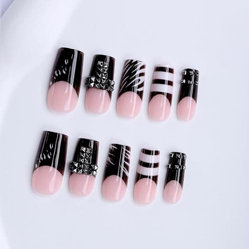 Long Press on Nails Square Fake Nails Black Acrylic Nail Press Ons Seeneey Y2K Stripes Glossy Stick on Nail for Women 24pcs thumbnail 2