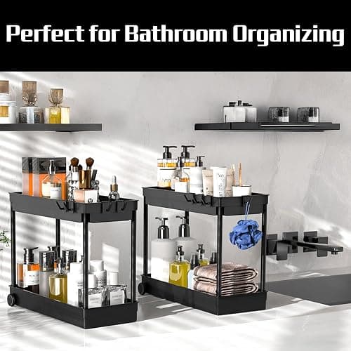 Cicilyna 2 Pack Under Sink Organizer, 2 Tier Bathroom Cabinet Organizers and Storage with Hook, Multi-purpose Storage Basket Shelf for Kitchen, Black thumbnail 8