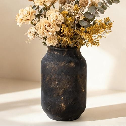 Varsoul Rustic Ceramic Farmhouse Flower Large Vase, Whitewashed Terra Cotta Vase, Pottery Decorative Flower for Home Decor, Table, Living Room Decoration, Shelf Decor, Mantel, 9.5 Inch, Bronze thumbnail 4