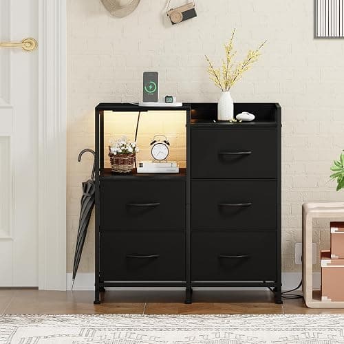 Somdot Black Nightstand with Charging Station and LED Light, Wide 5 Drawers Dresser for Bedroom with Fabric Bins and Open Shelf for Bedroom Kids Closet Dorm Guest Room, Black thumbnail 9