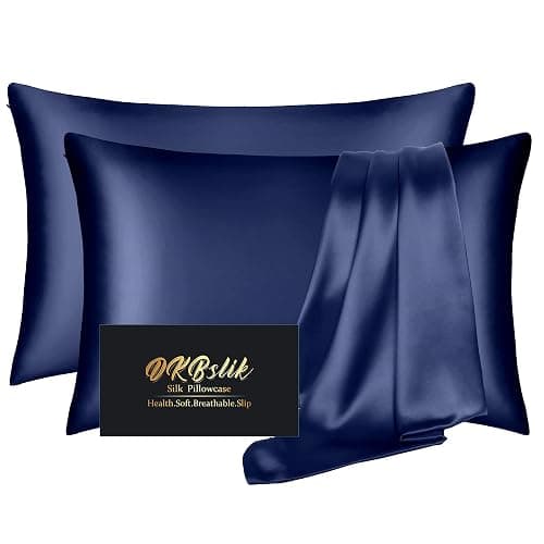 Silk Pillow Cases 2 Pack, Mulberry Silk Pillowcases Standard Set of 2, Smooth, Anti Acne, Beauty Sleep, Both Sides Natural Silk Satin Pillow Cases for Women 2 Pack with Zipper for Gift, Navy Blue - Image 1