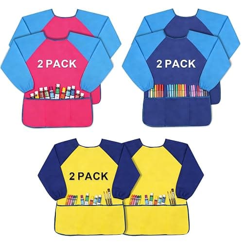 Yeunmu Kids Painting Apron 2 Pack, Waterproof Toddler Art Smock, Artist Smock for Kids Age 2-8 with Long Sleeve and 3 Pockets - Image 1