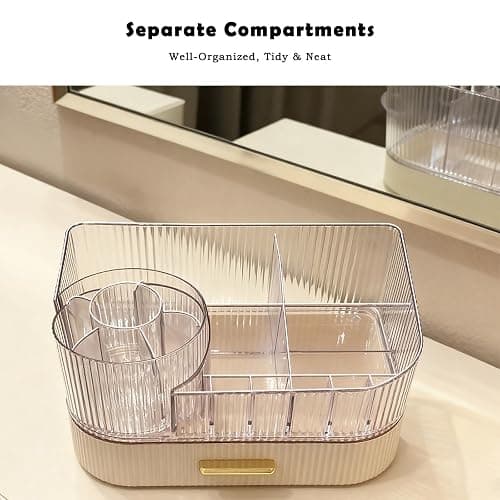ShinyDew Makeup Organizer Countertop with 360 Rotating Brush Holder, Make Up Organizers For Vanity With Drawer, Bathroom Countertop Skincare Organizer And Storage thumbnail 7