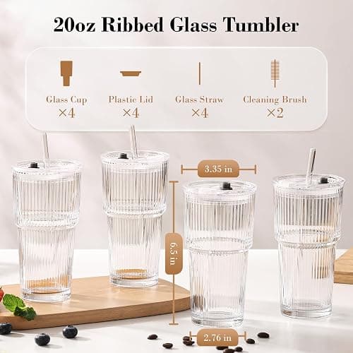 GOSCHE 20oz Glass Tumblers with Straws and Lids, Ribbed Iced Coffee Cups Leak-proof, Dishwasher Safe, Thickened Glass Cups with Lids Ideal for Coffee and Travel, Clear, 4 Pack thumbnail 6